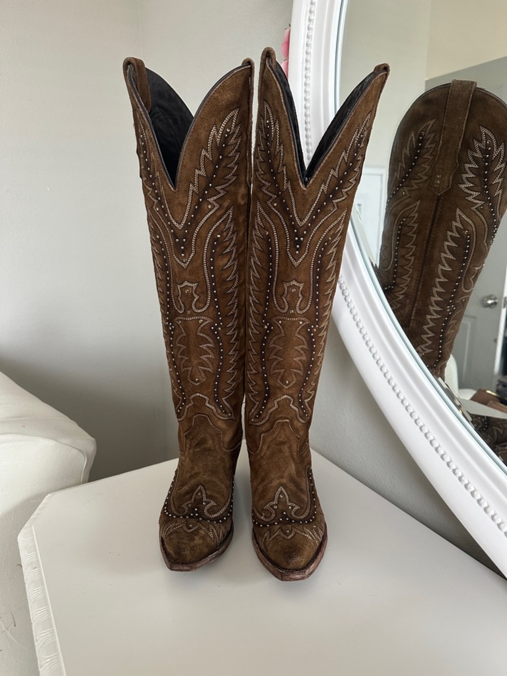 Brown Suede Western Heeled Boots